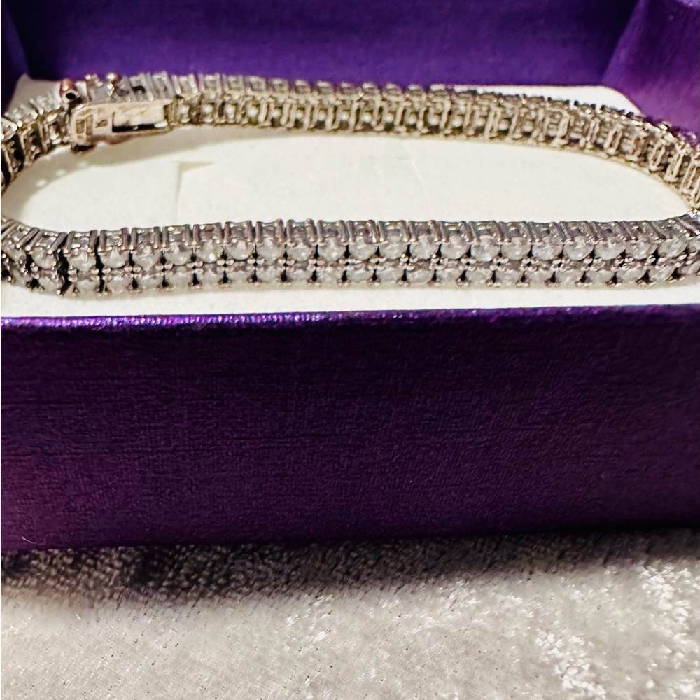 Vintage 925 Silver Double Strand Cubic Zirconia Tennis Bracelet w safety latch